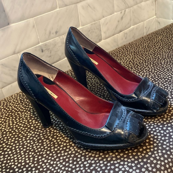 Max Studio Fury Black Leather Heel Peep Toe Pumps Shoes Size 7M - Picture 1 of 7